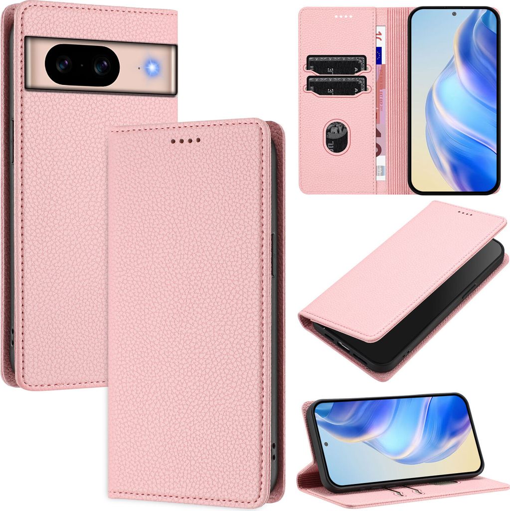 Litchi Leder Handyhülle für Google Pixel 8A Wallet Kartenfächer Standfunktion Hülle Pink