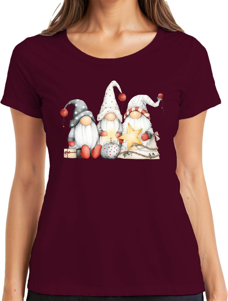Weihnachtswichtel Trio Stern Geschenk rot grau skandinavisch Cozy Damen T-Shirt, Burgundy, L