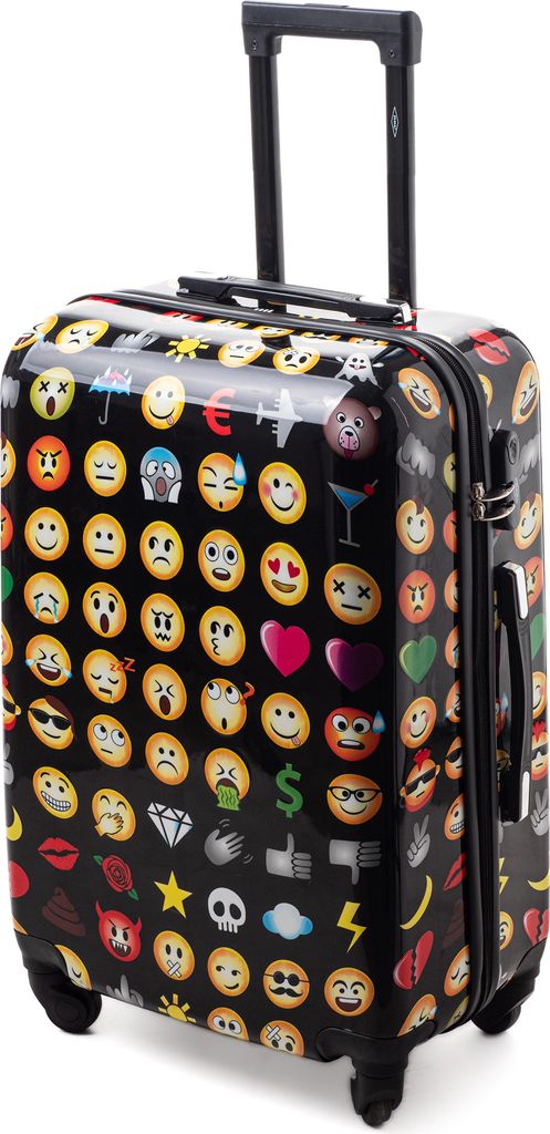 A black suitcase covered in various emoji and icons.
