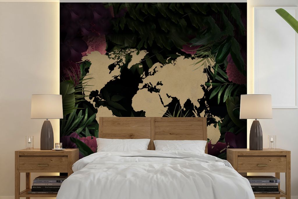 MuchoWow Fototapete für Wohnzimmer oder Schlafzimmer Wandtapete Vinyl Motivtapete Weltkarte - Braun - Blätter - 260x260 cm - Papiertapeten
