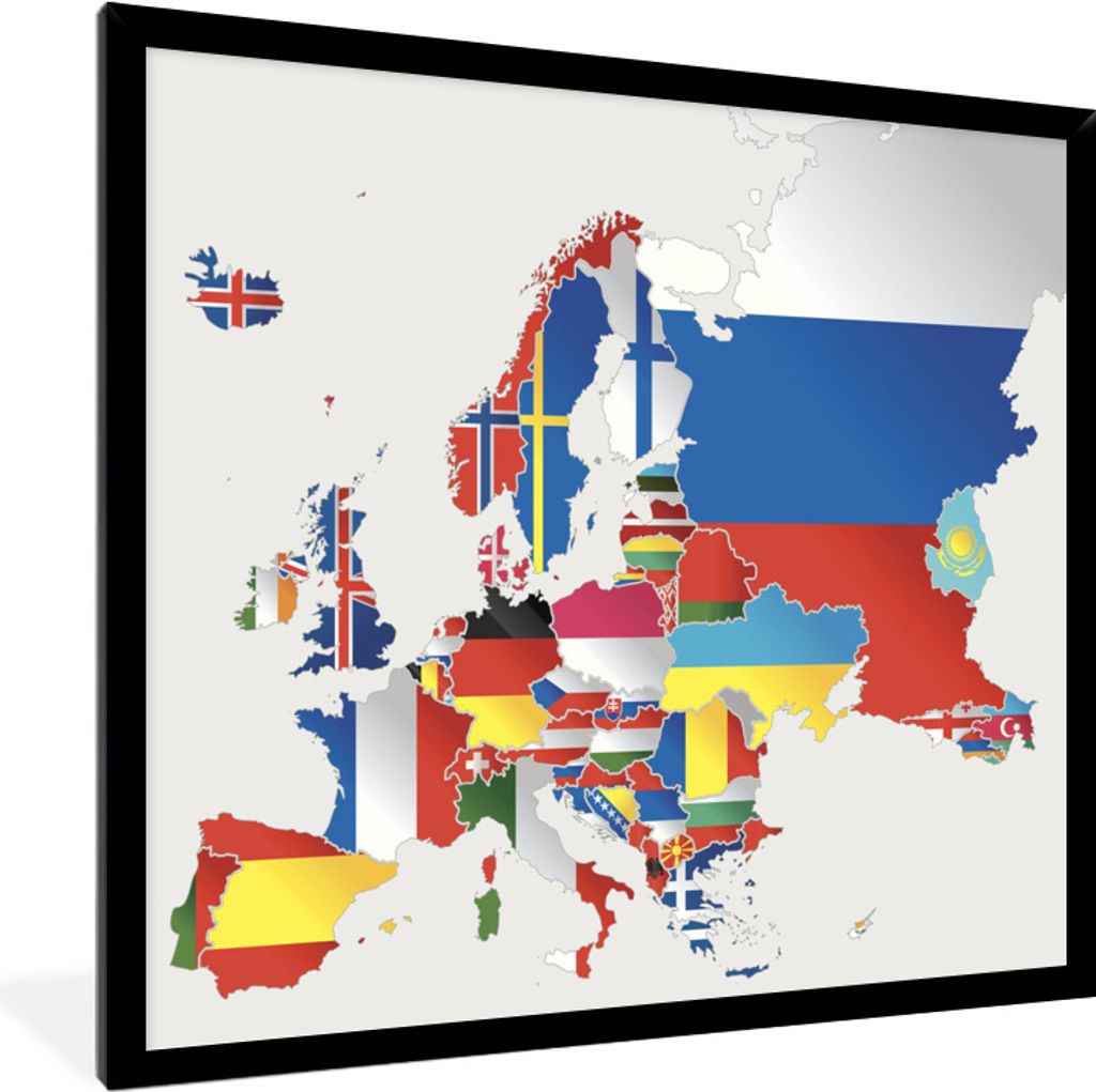 MuchoWow MuchoWow Gerahmtes Poster Karte - Europa - Flaggen 80x60 cm - Poster mit zchwarzem Bilderrahmen - Schwarzem - Mit Gestell