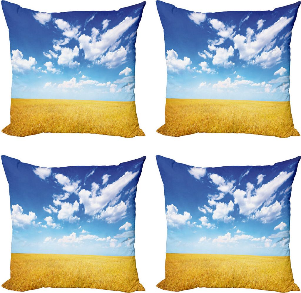 ABAKUHAUS Gelb und Blau Kissenbezug Set (4 Stück), Weizenfeld Sommer, Moderner Doppelseitiger Digitaldruck, 45 cm x 45 cm, Erde Gelb Blau Weiß