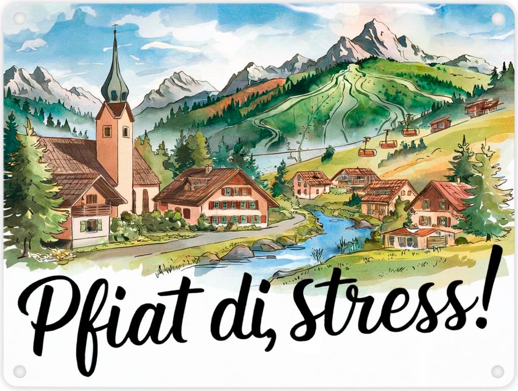 Allgäu Dorf Metallschild in 15x20 cm Pfiat di, Stress!