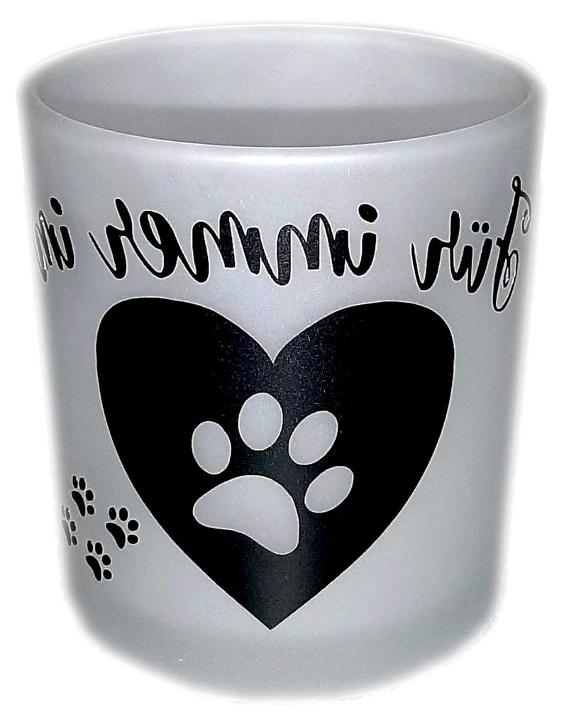 Teelichtglas für verstorbene Haustiere, Trauerlicht mit Herz- und Pfotenmotiv, Höhe 80 mm, Ø 70 mm, Andenken an Hund und Katze