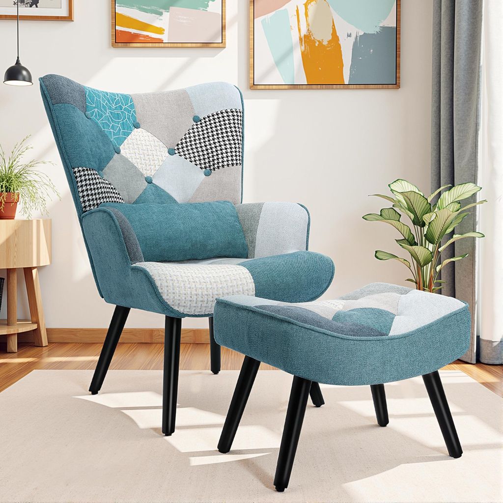 Fauteuil Patchwork Scandinave avec Repose-Pieds Support Image du produit 