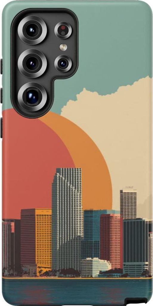 Minimalistische Stadtsilhouette mit großer Sonne – Hülle Kompatibel mit Samsung Galaxy S25 Ultra