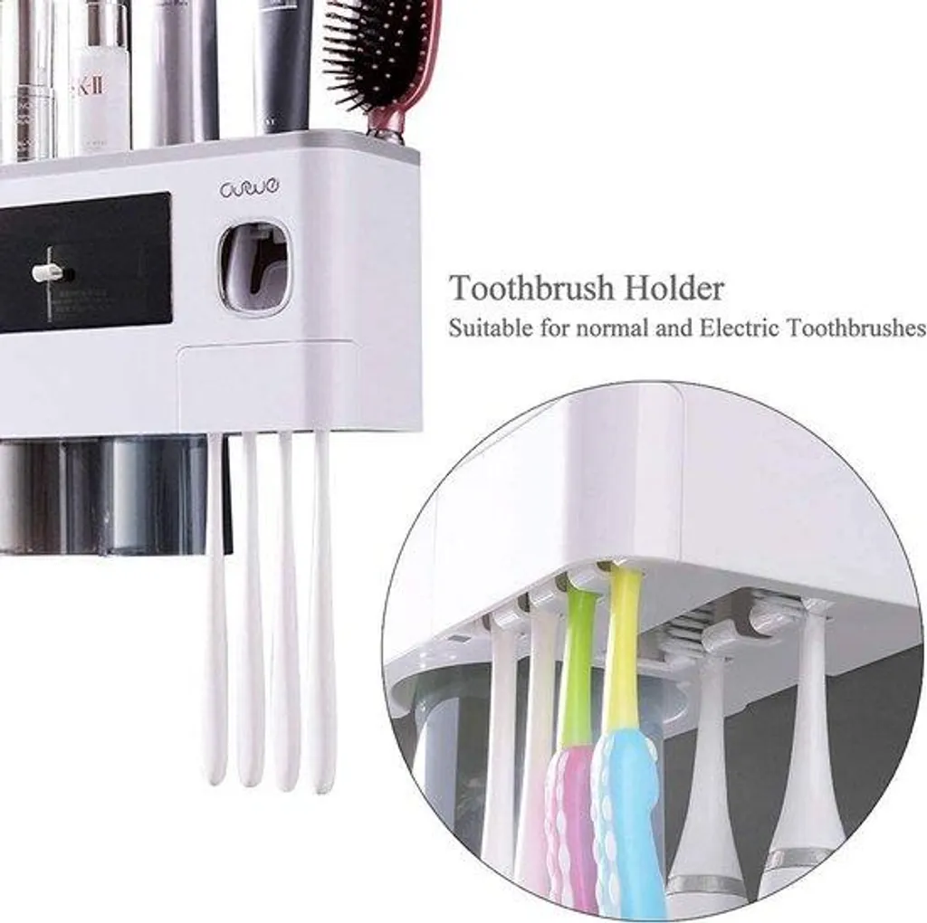 Distributeur de dentifrice mural gris avec 6 fentes et 2 gobelets