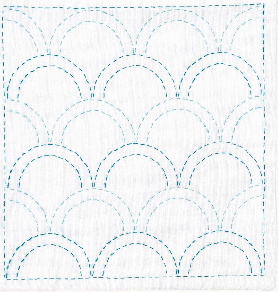 Olympus Sashiko Stickpackung "Taschentuch iine Seigaiha ", Stoff bedruckt, 20x20cm, Original aus Japan