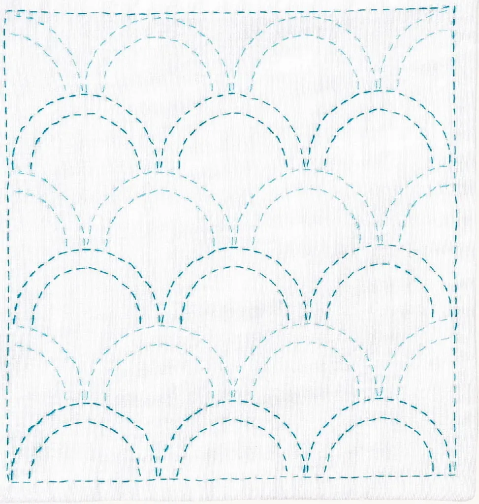 Tissu Sashiko Pré-imprimé Olympus Seigaiha - Pur Coton Japonais 20cm