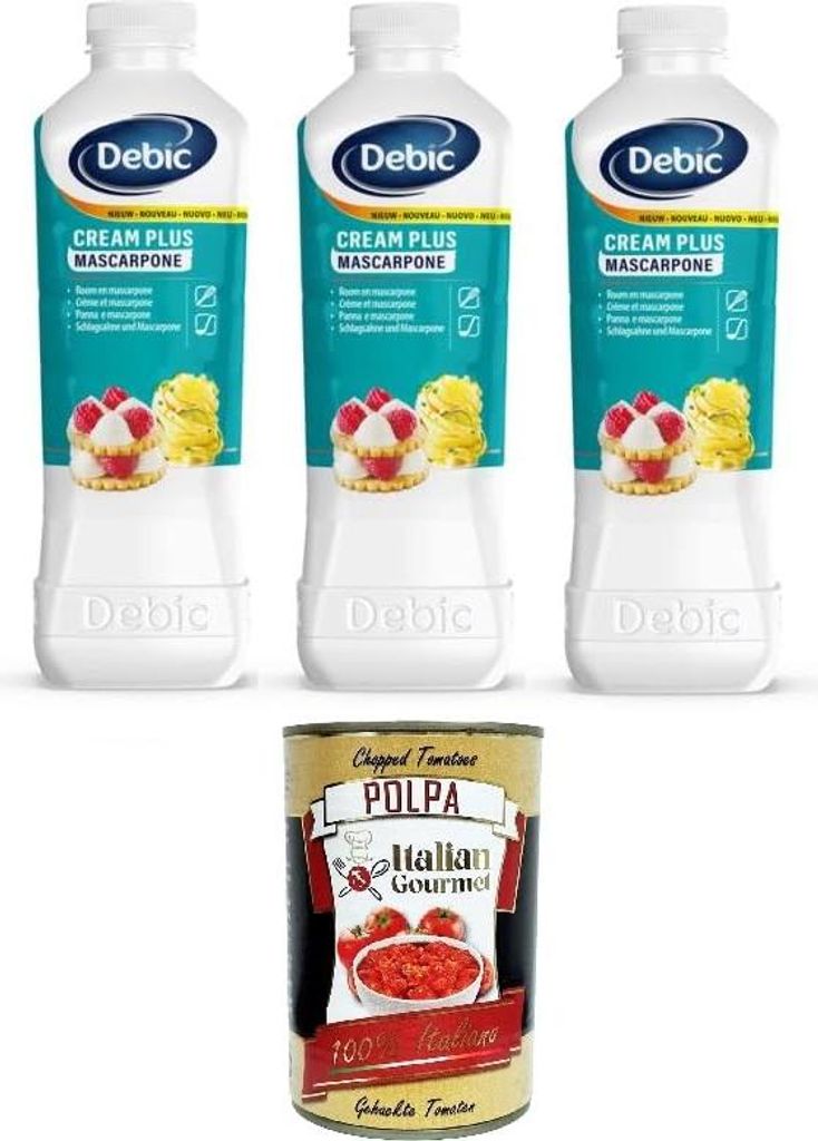 Debic Crema Plus Mascarpone-Creme und Mascarpone-Mischung zum Schlagen und Kochen, 3x 1lt + Italian Gourmet polpa 400g