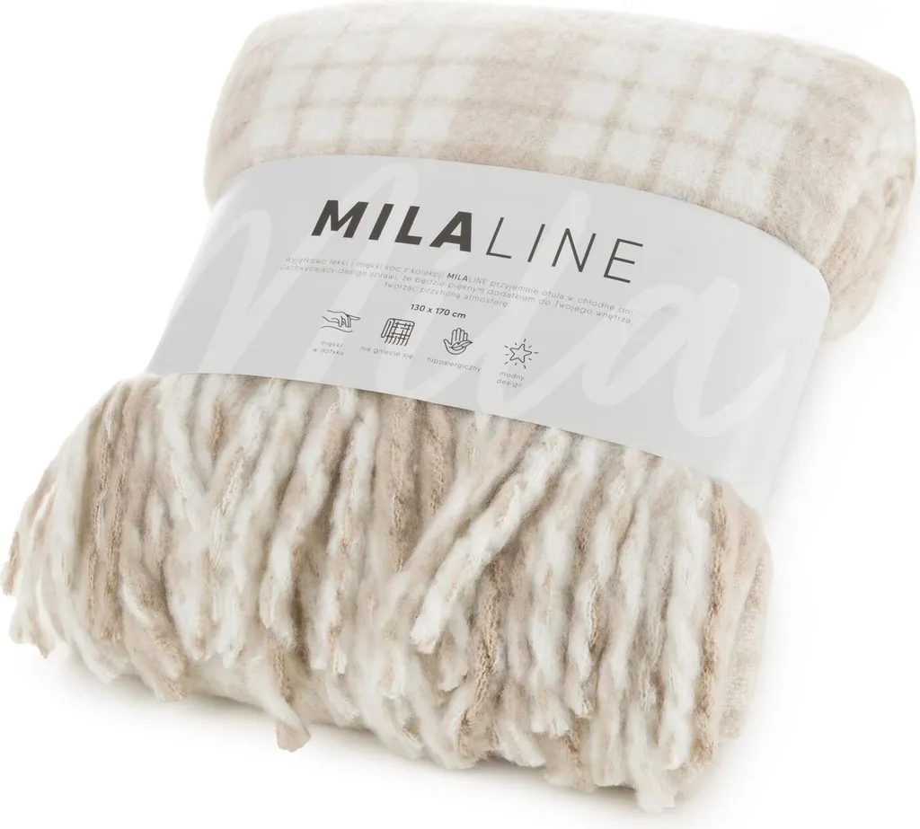 Plaid Douillet à Rayures Beige Crème Aspect Mohair 130x170 avec Pompons