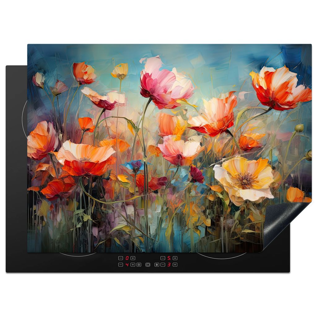 KitchenYeah Herdabdeckplatte Mohnblumen - Bunt - Blumen , 71x52cm, Küche Deko, Glaskeramikkochfeld Herdabdeckung, Abdeckplatte fùr Kochfeld