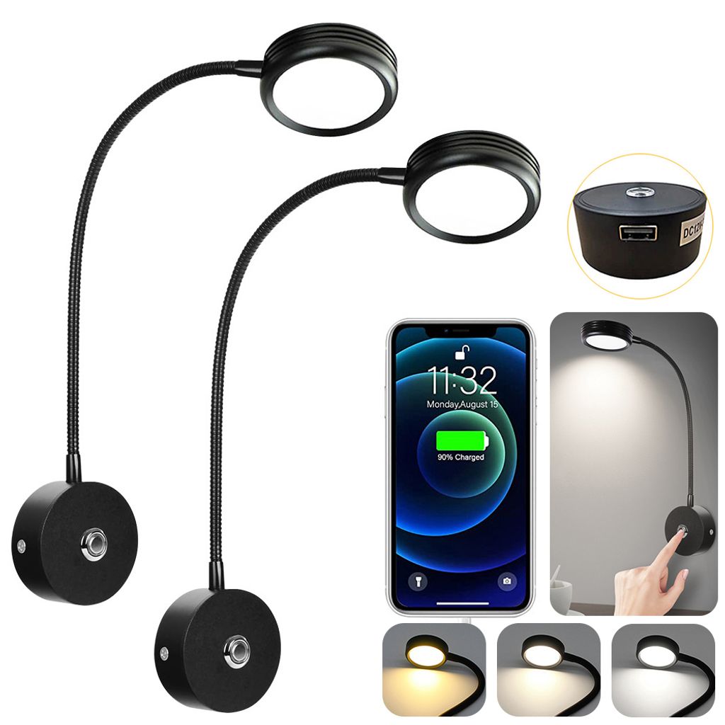 2x Leselampe Wandmontage, 12V LED Wandleuchte mit Schalter, Wandmontage Schwanenhals Lampe Schwarz, Dimmbar Leselicht für Wohnmobil Wohnwagen Boot