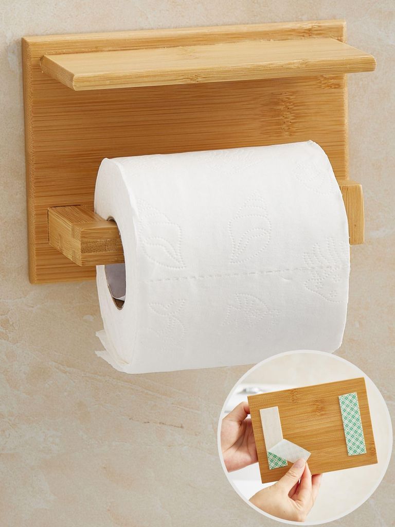 DEKAZIA Klopapierhalter Holz mit Ablage – Toilettenpapierhalter WC Rollenhalter aus Bambus – Klorollenhalter ohne Bohren, Selbstklebend für ...