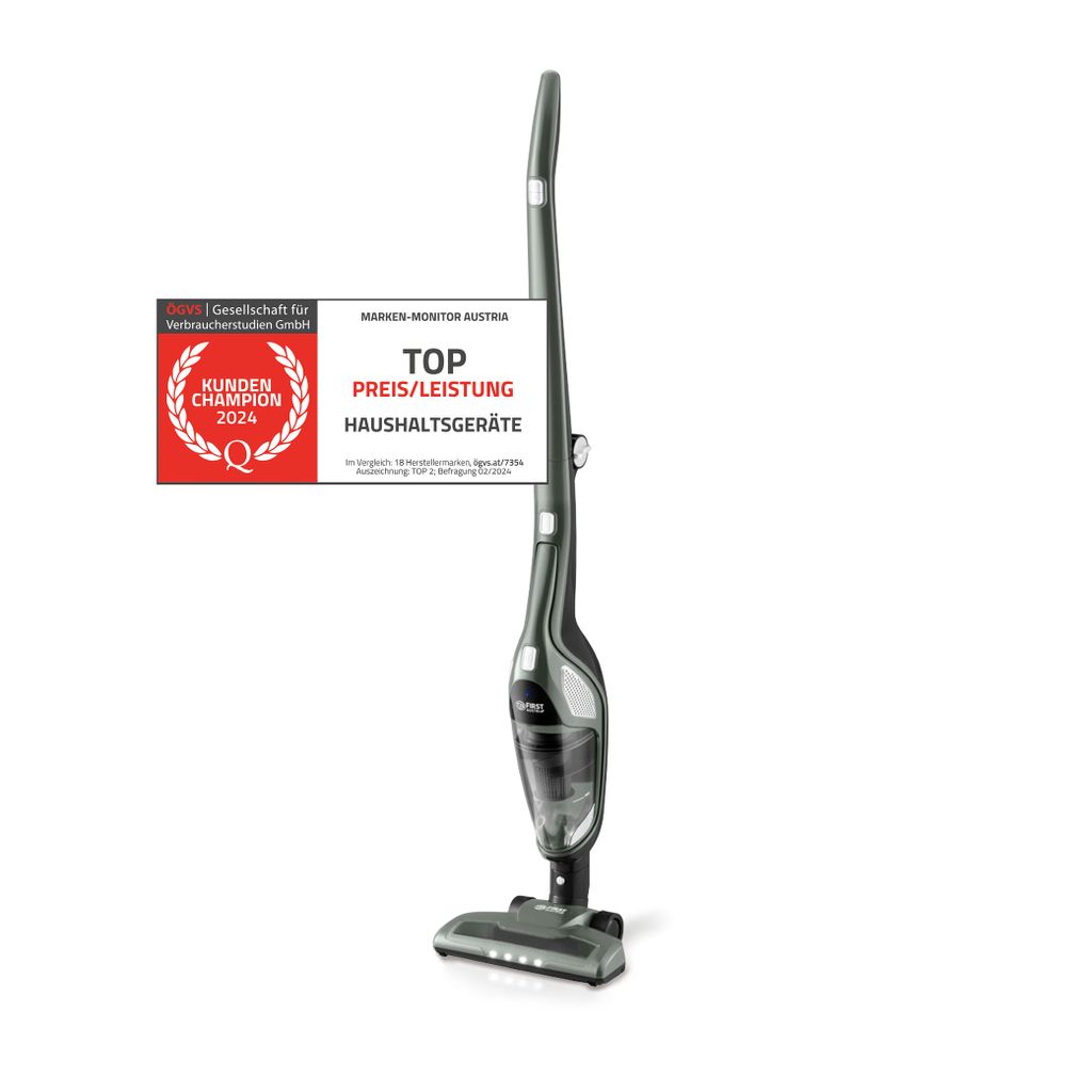 TZS First Austria 2in1 Stiel- und Handstaubsauger, bis zu 60 min Akkulaufzeit, Bodenbürste mit LED-Licht, Beutellos, Kabellos