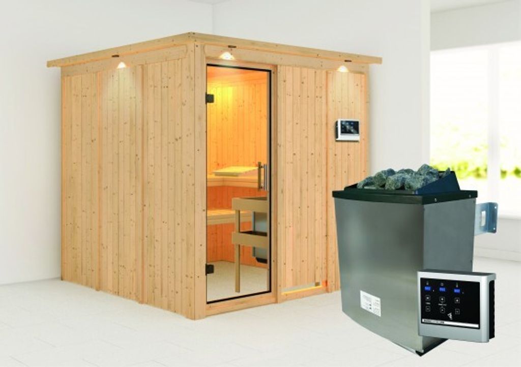 Karibu Sauna Innensauna Rodin Fronteinstieg Ofen 9 KW externe Strg easy 210x210x202 cm mit Dachkranz mit Klarglastür