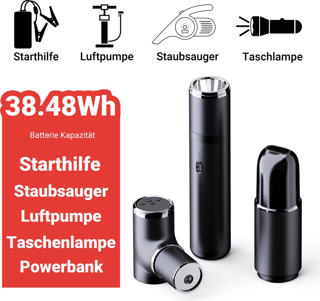 TIMIGO K2: Auto Starthilfe Powerbank mit Luftkompressor, 12V-500A, 38,4Wh, für 6.0L Benzin- & 5.0L Dieselmotor, LED-Taschenlampe