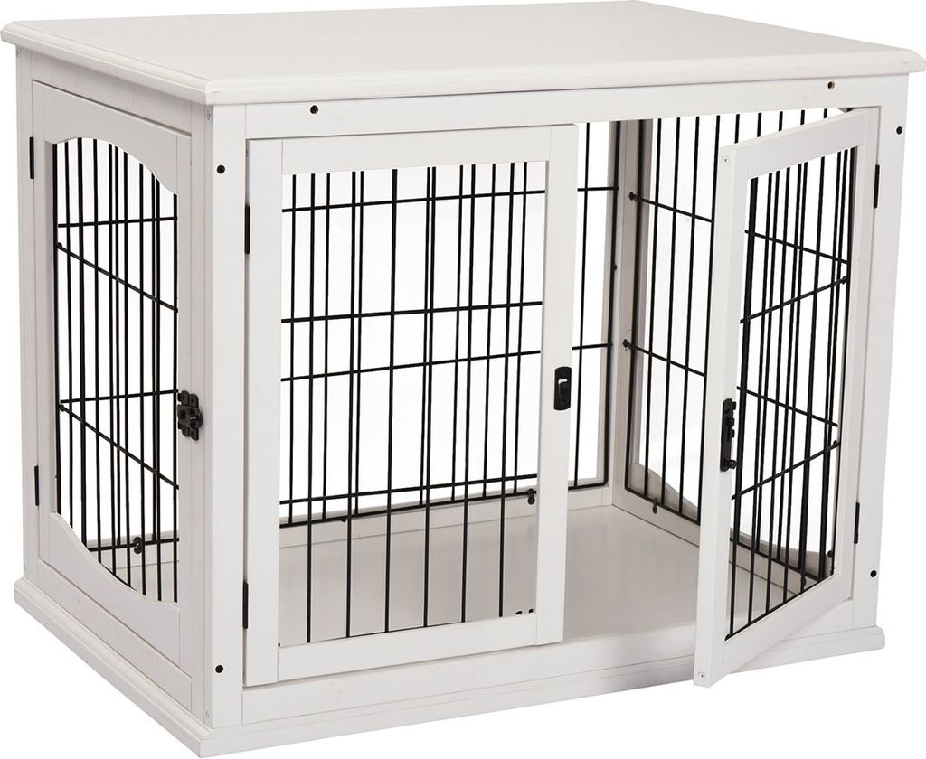 A white wooden dog crate with two doors, shown from the front with the doors open.