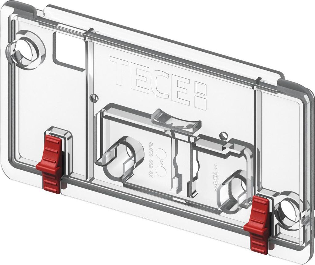A clear, studio shot of a transparent plastic cistern lid with red locking clips.