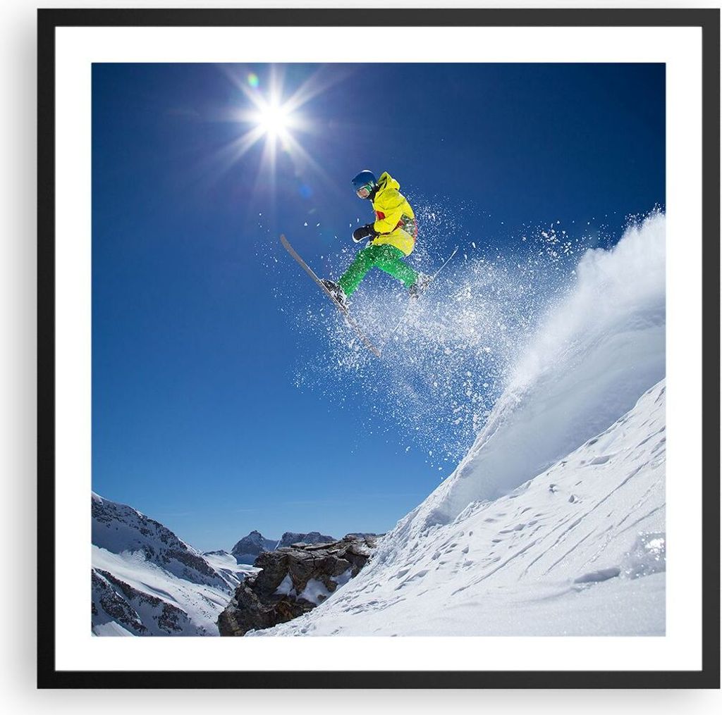 Gerahmtes Poster - Schwarzer Rahmen - Ski Winter Schnee Berg - 60x60 cm - Wand Bild - Wanddeko - Wandbilder - Kunstposter - Wandposter - Bilderrahm...