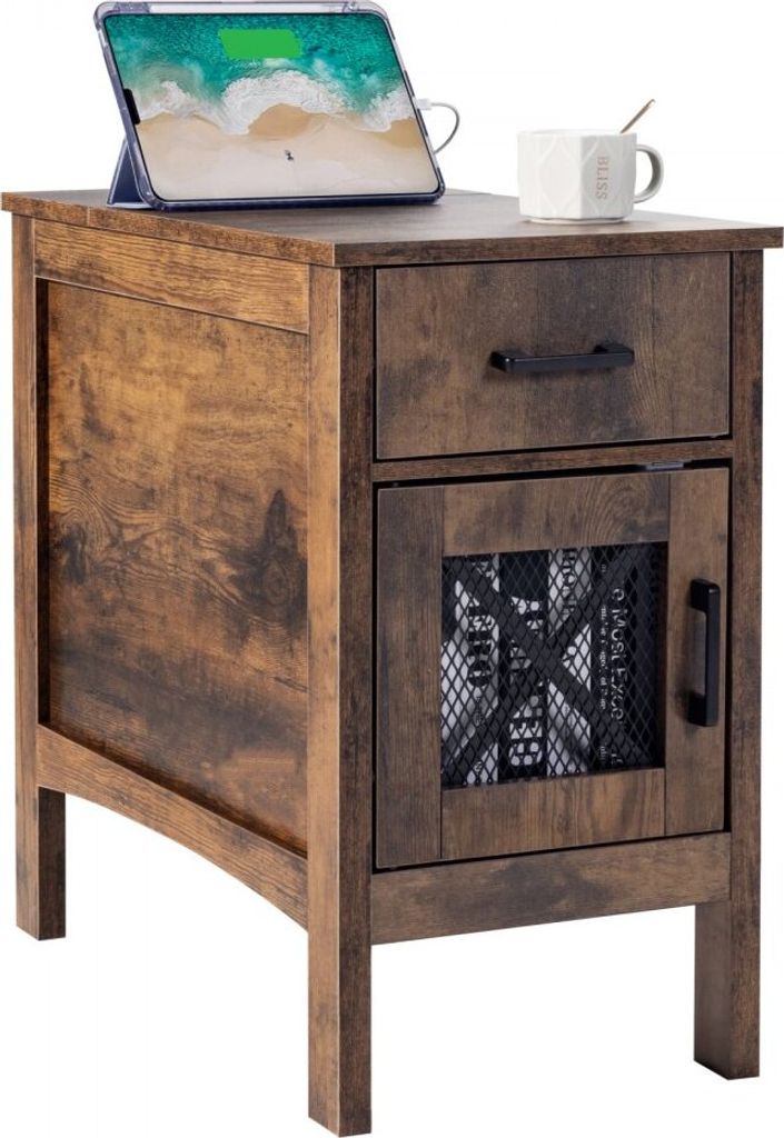 Beistelltisch Nachttisch mit USB-Anschluss - Stecker-Dose - Nachtschrank 3-stufig - Holzfarbe - Modernes Design für Schlafzimmer