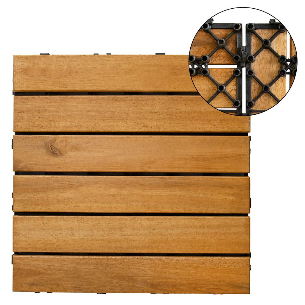 4iQ Akazienholz Terrassenfliesen 10 Stück 30x30 cm Natur Klick-System Holzfliesen mit 6-Leisten für Balkon Terrasse Garten