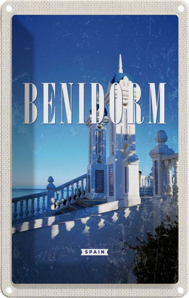 vianmo Blechschild 30x20 cm Retro Benidorm Spain Spanien Badeort Bildmotiv Reisemotiv Abenteuer Reisen Urlaub