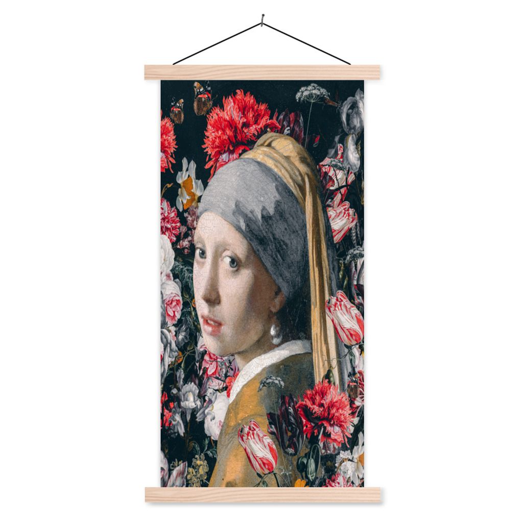 MuchoWow Textilposter Das Mädchen mit dem Perlenohrring - Blumen - Vermeer 60x120 cm mit holzfarbenen Rahmen - Holz