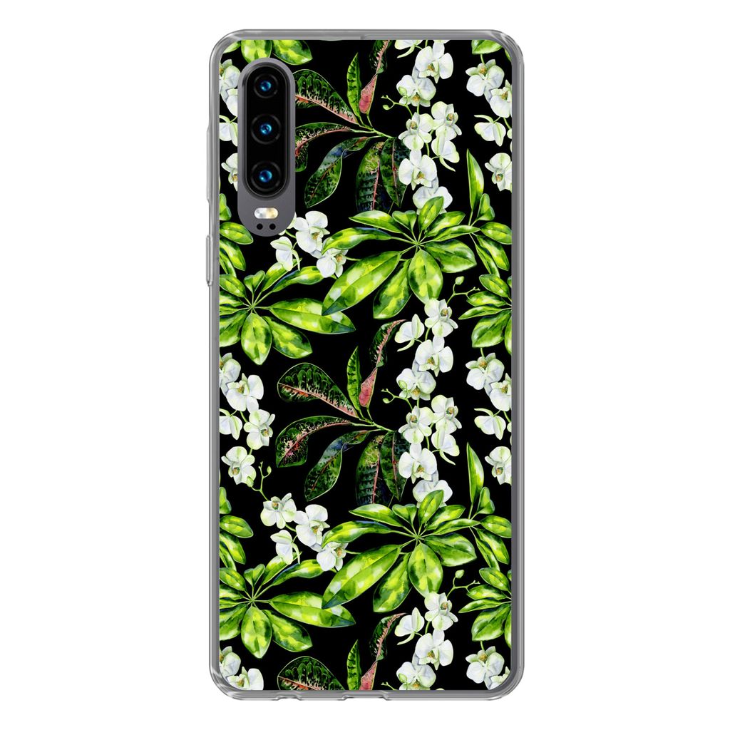 MuchoWow Handyhülle Schutzhülle Hülle für Huawei P30 Blatt - Orchidee - Muster Silikon Softcase Handy Hülle - Kartenbesitzer