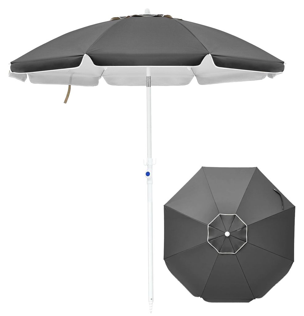 Sonnenschirm mit Sandschraube – Neigungswinkel bis zu 30°, UV-Schutz 50+, tragbarer Sonnenschirm für Strand, Pool, Garten und Terrasse, grau