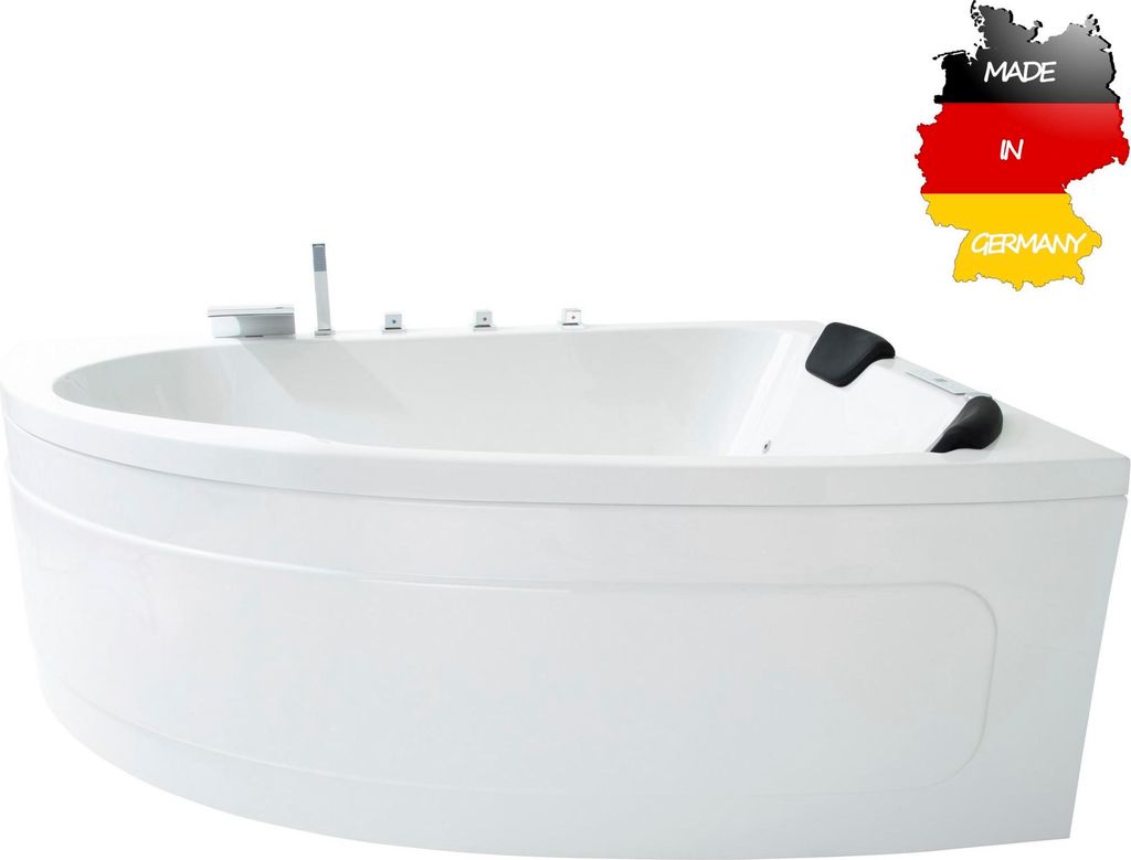 Basera CLASSIC Indoor Eck-Whirlpool Badewanne Guam Rechts 180 x 130 cm für 2 Personen mit 25 Massagedüsen, Wasserfall, LED-Ambiente, Touchpanel, ...