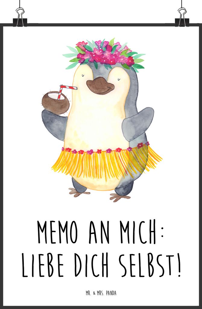Mr. & Mrs. Panda Bild Pinguin Kokosnuss DIN A0 - Weiß - Geschenk, Wandbild, Aloha, Ferien, Urlaub, Pinguine, Hawaii, wanddruck, wanddeko, Plakat, ...