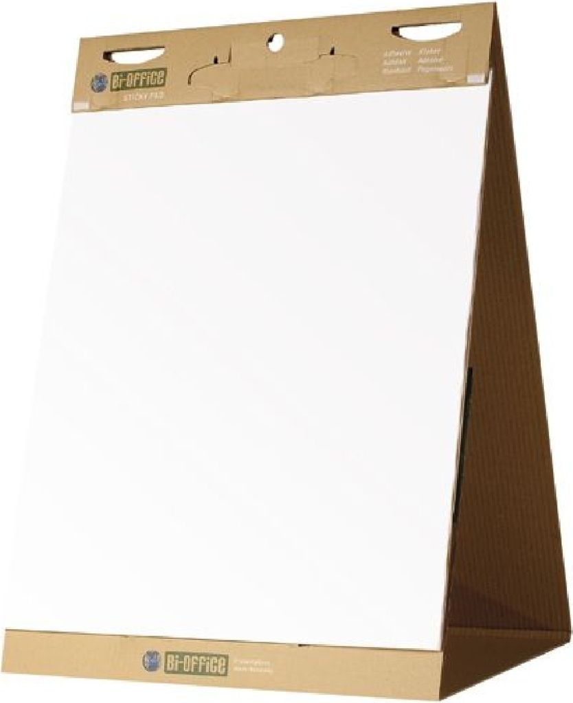 A white flip chart on a brown cardboard stand, presented against a white background.