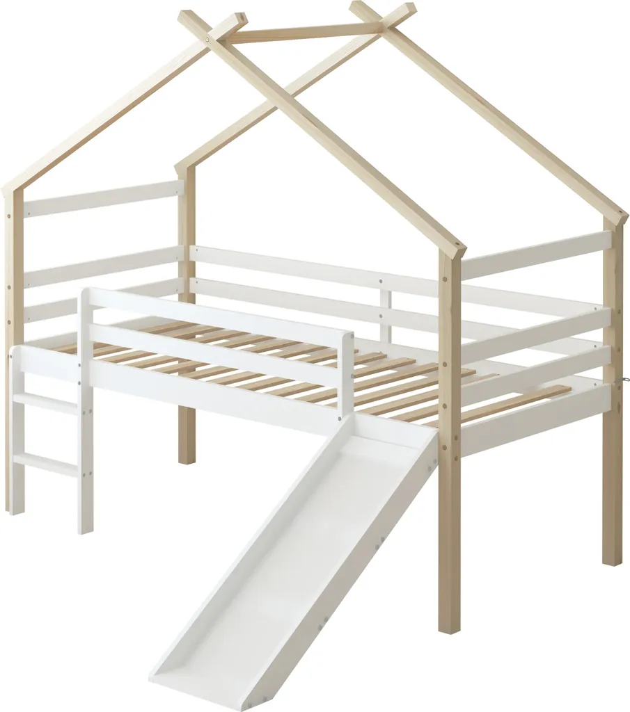 Sunny River Lit Cabane avec Toboggan 90x200 cm Bois Beige et Blanc - 4
