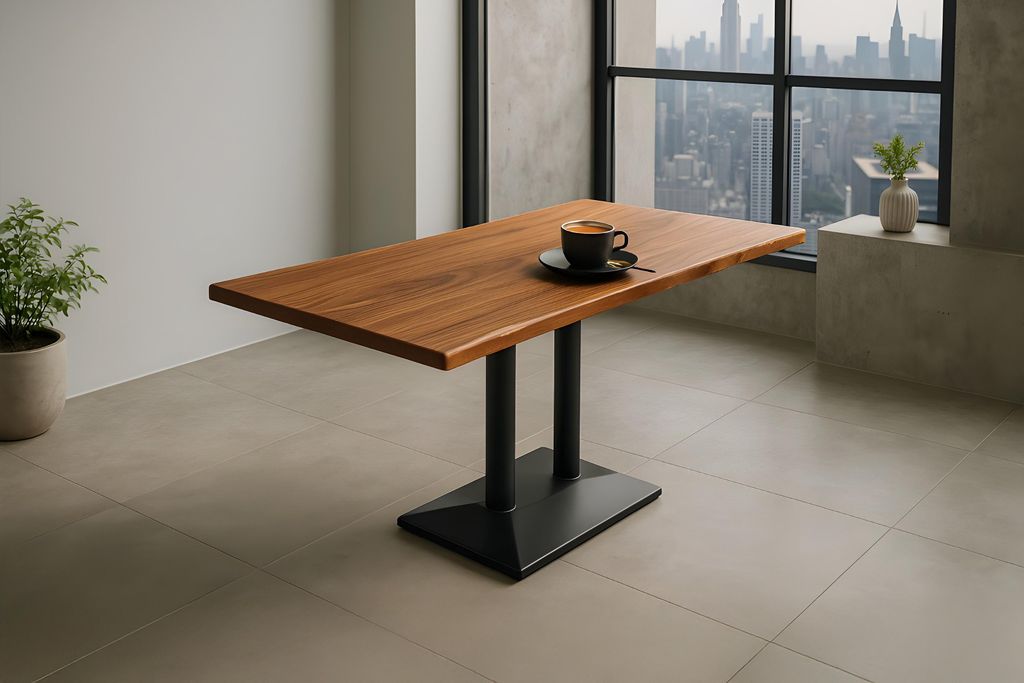 Bistrotisch Baumkante massiv 100 x 60 cm Akazie nussbaumfarben Doppelsäulengestell schwarz ISLA