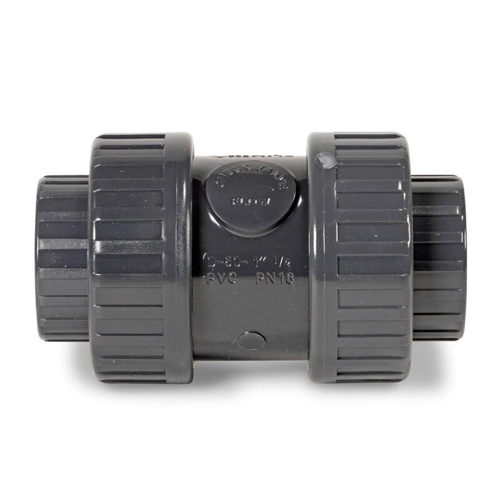 A product shot of a gray PVC check valve against a white background.