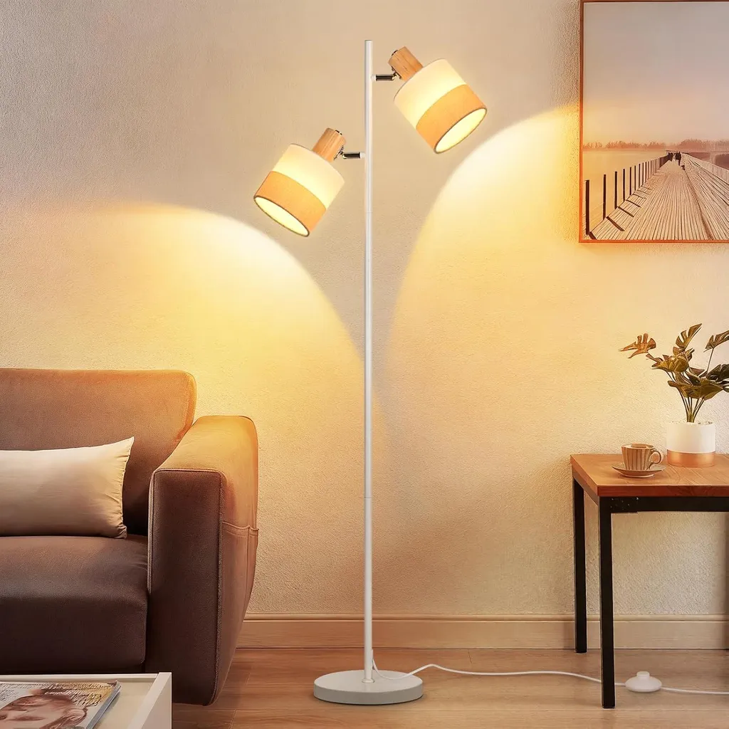Lampadaire d'Angle Rotatif en Bois avec Liseuse et Interrupteur à Pied