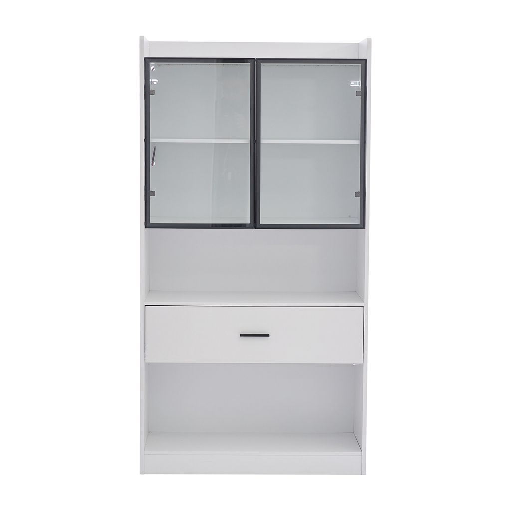 Vitrine mit Pop-up Glastüren 1 große Schubladen & 16 Farben Licht Schaukasten Sammlerstücke Schrank Bücherregal für Wohnzimmer Weiß