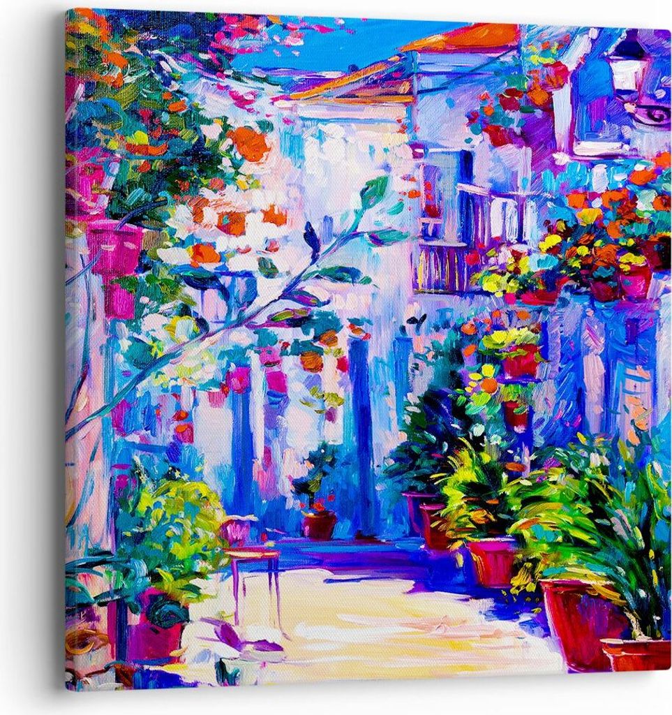 Bild auf Leinwand - Leinwandbild - Zuhause blumen straße himmel - 40x40cm - Wand Bild - Wanddeko - Leinwanddruck - Bilder - Kunstdruck - Wanddekor...