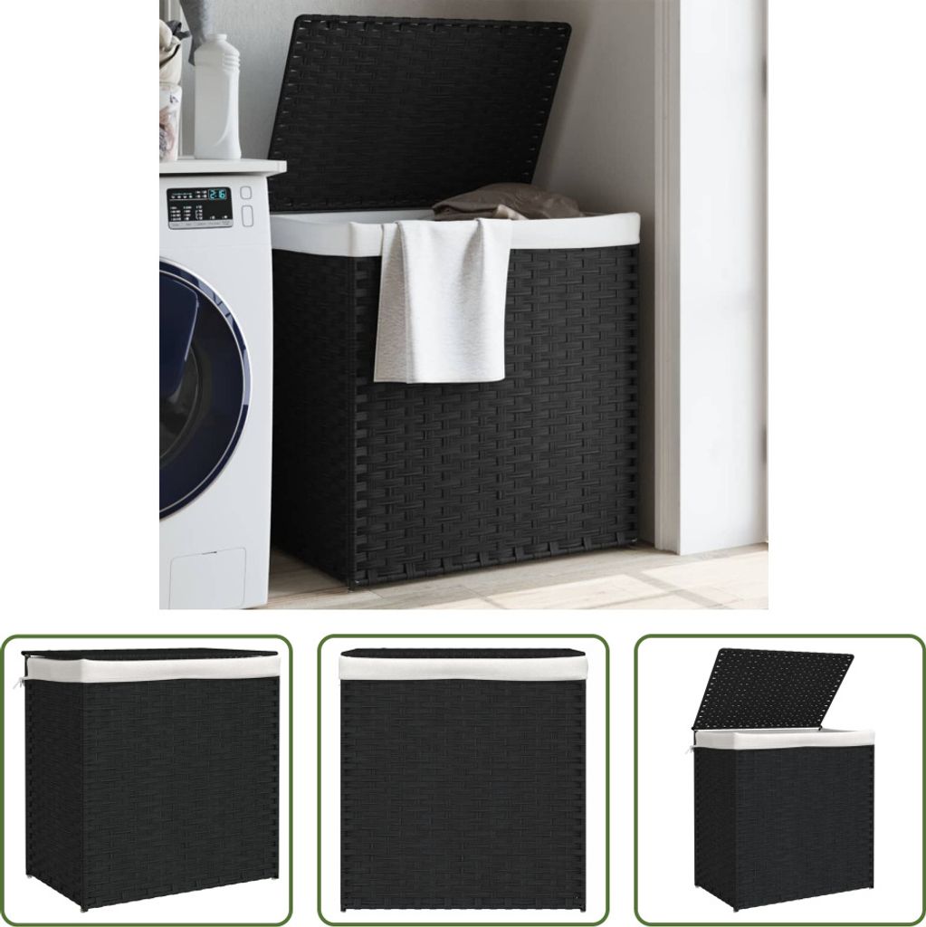 The Living Store Wäschekorb mit 2 Fächern Schwarz 53x35x57 cm Poly Rattan