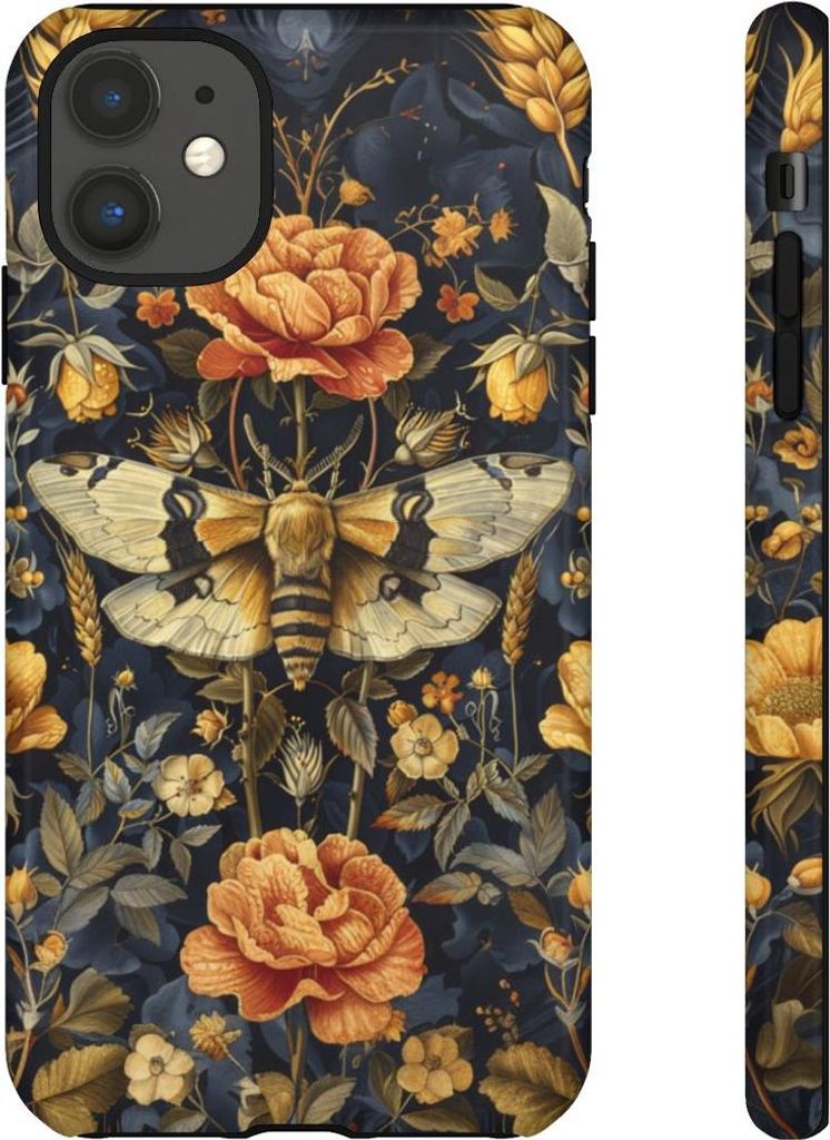 Goldene Blumen und Nachtfalter auf Dunkelblau – Hülle Kompatibel mit iPhone 11
