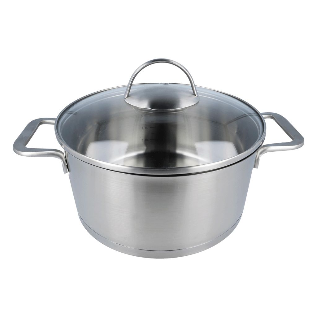 A stainless steel pot with a glass lid and handles, isolated on a white background.