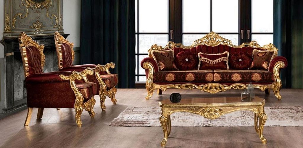 Casa Padrino Luxus Barock Wohnzimmer Set Bordeauxrot / Gold - 2 Sofas mit Muster & 2 Sessel mit Muster & 1 Couchtisch - Prunkvolle Barock Wohnzimme...
