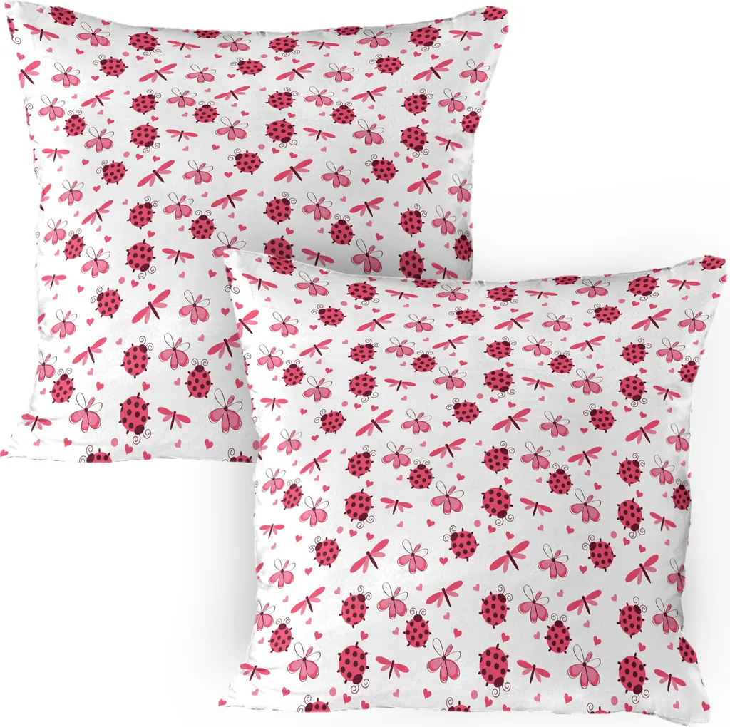 ABAKUHAUS Federa per cuscino con coccinelle Confezione da 2, schienale arrotondato Coccinelle cuori fiori libellule motivo romantico ali, federa per cuscino decorativa stampata, 80x80 cm, bianco rosso