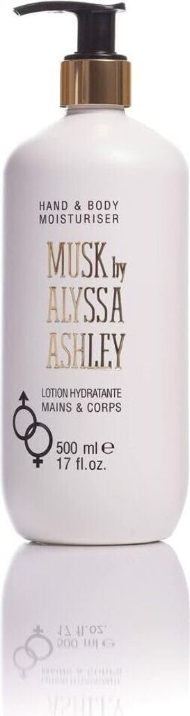 A white pump bottle of Alyssa Ashley Musk Hand & Body Moisturiser is shown against a white background.
