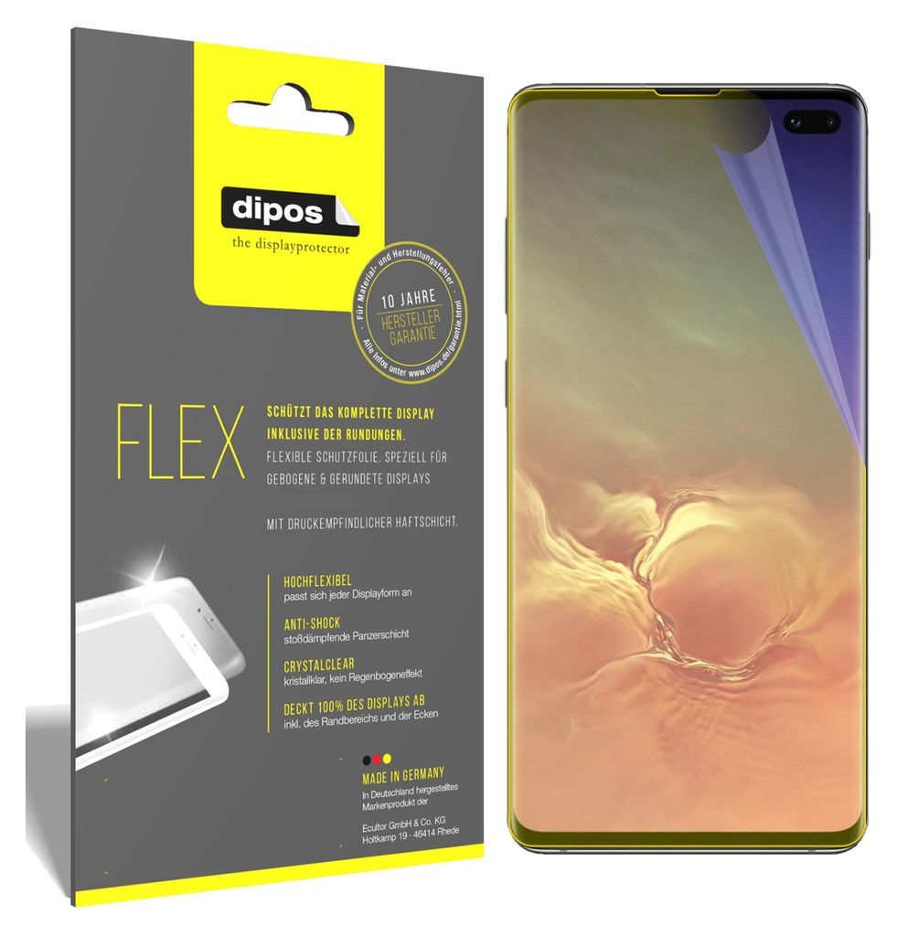 A product package for a screen protector for a Samsung Galaxy S10 Plus, with a phone displaying the screen protector applied.
