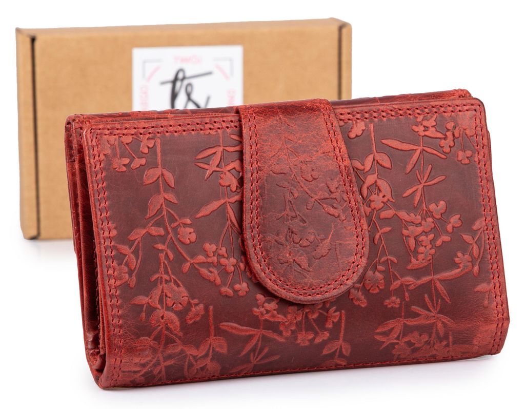 Ekavale Damen Geldbörse Portemonnaie Echtleder Blumenmuster groß Vintage Rot