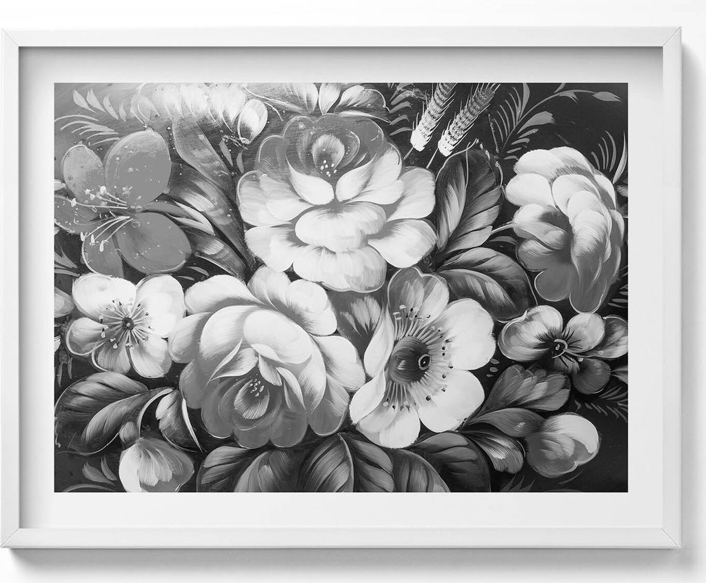 Schwarze und weiße Blumen– Wandbild mit Rahmen – Gerahmtes Bild – Wanddekoration – 80x60 cm – Weiß Rahmen
