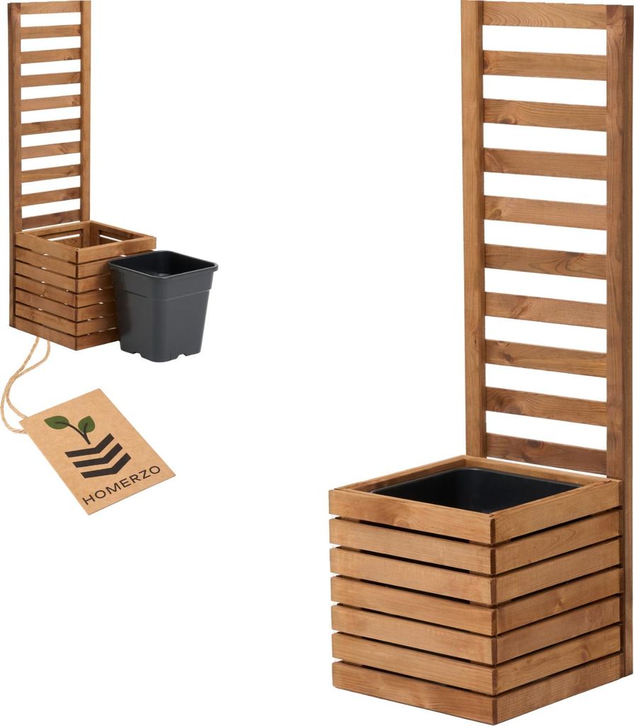 Pflanzkübel mit Rankgitter Spalier mit Pflanzkasten Blumenkasten aus Holz Hochbeet mit 1x18L Pflanzeneinsatz (horizontal-braun, 36x36x35 H112)