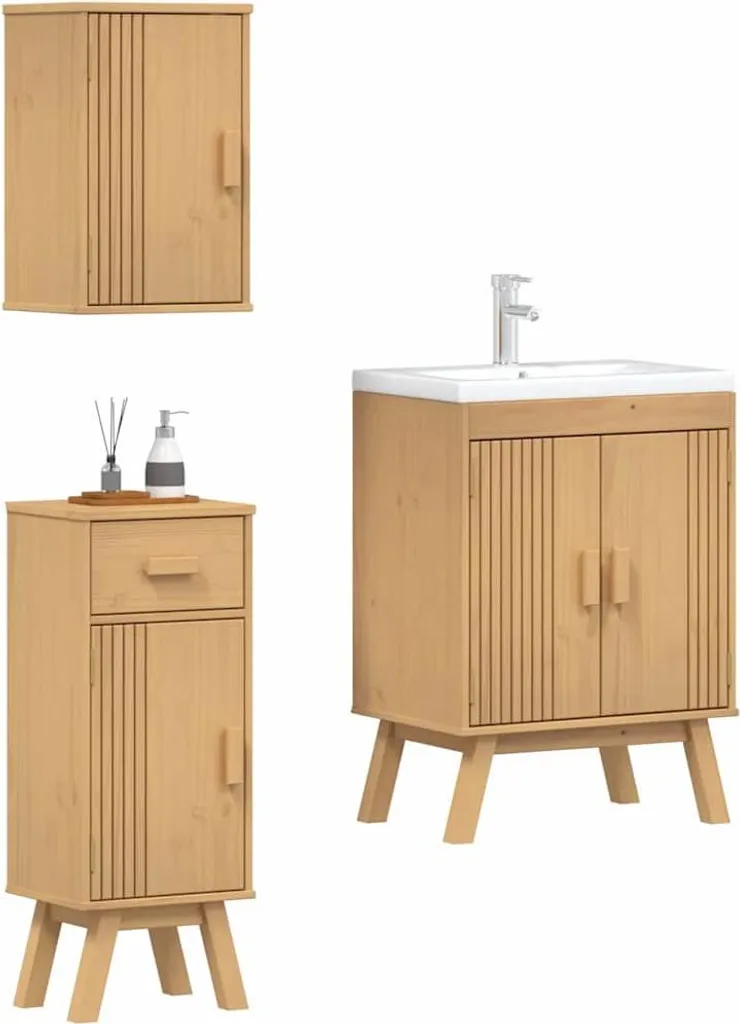 Mobilier de Salle de Bain complet avec Étagères en Bois de Pin Brun 3 pcs